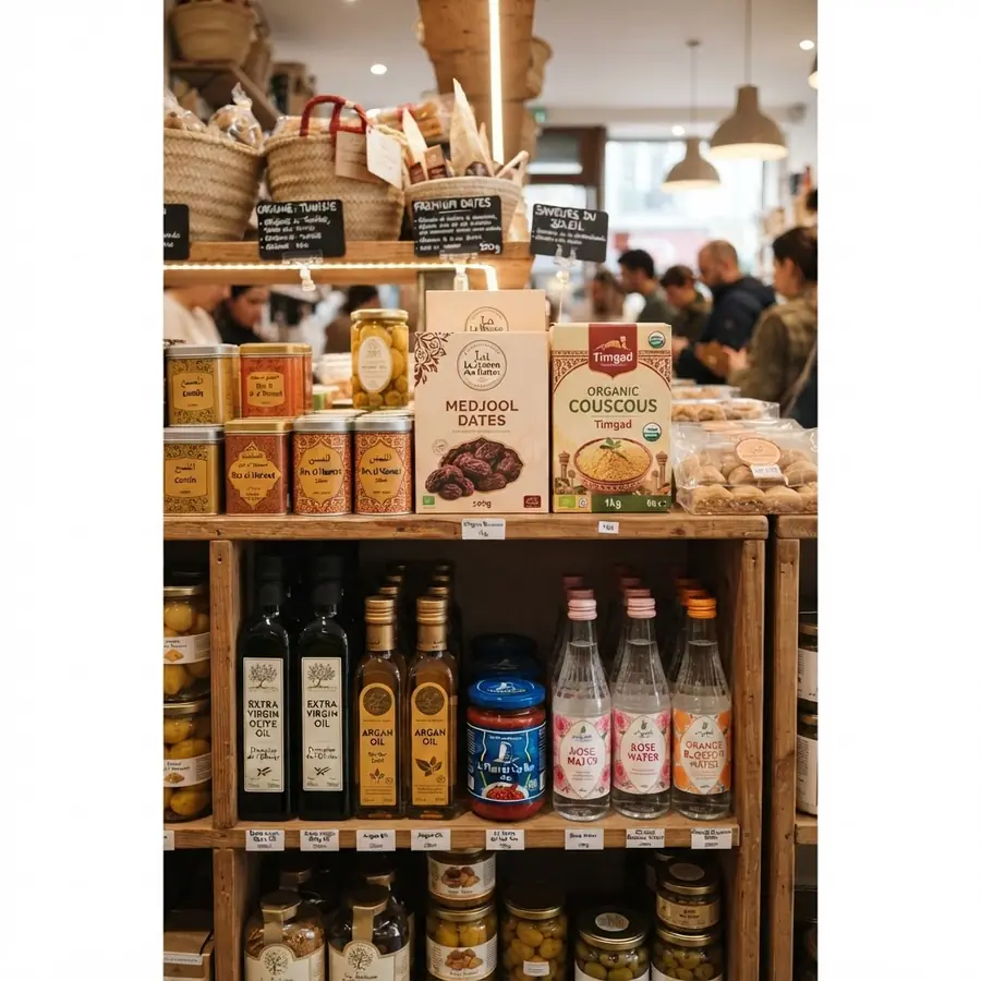 Specialty grocery shelf stocked with imported North African goods