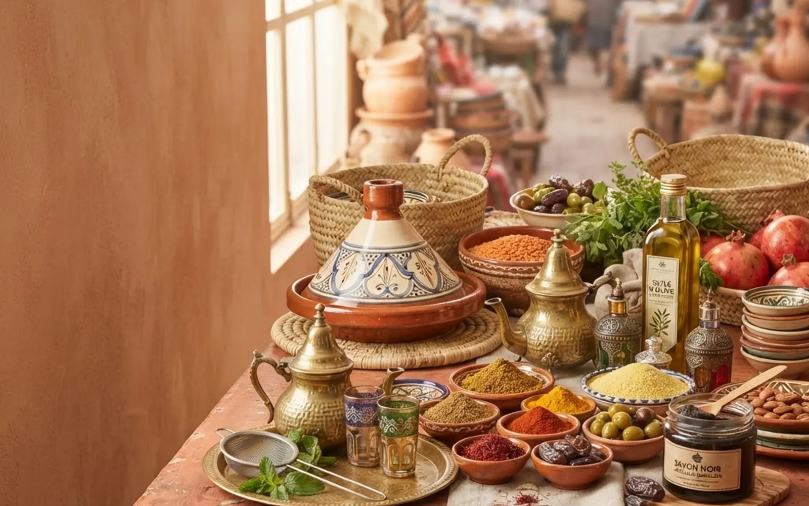 North African wholesale spread with tagines, teapots, spices, perfume, and pantry staples